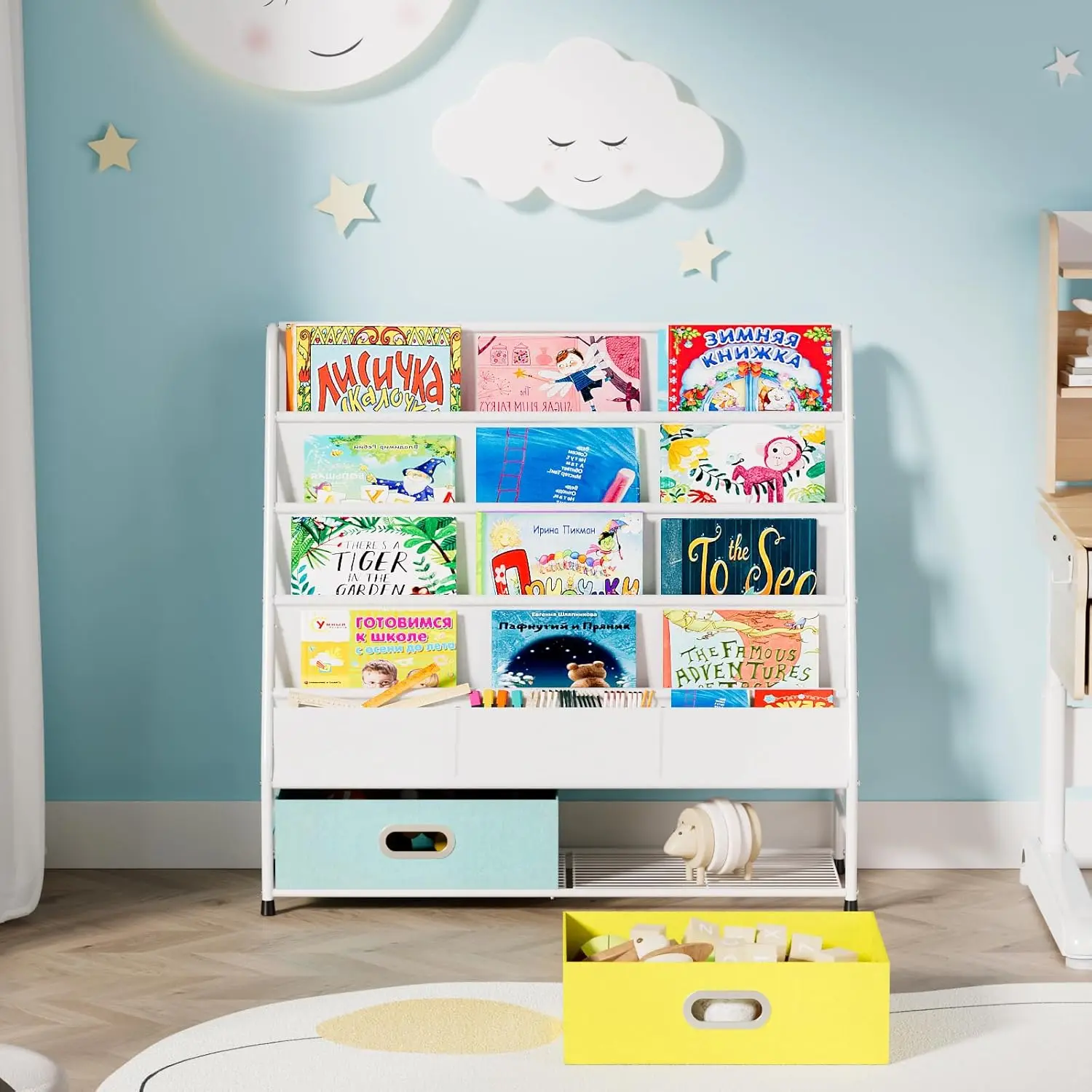 Kids Bookshelf 4 Tier Small Bookcase for Kids Room Metal Nursery Book Shelf Sling Book Shelf and Toy Storage for Children