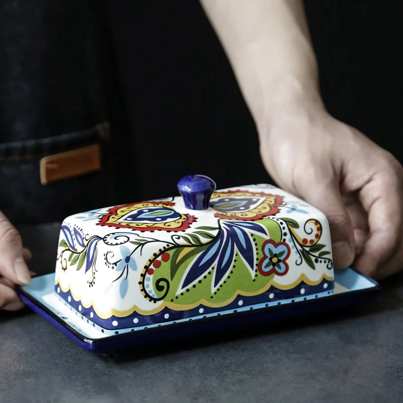 Nodic Style Hand-Painted Ceramic Butter Dish With Lid For Countertop And Refrigerator Door Shelf-Butter Keeper Holder