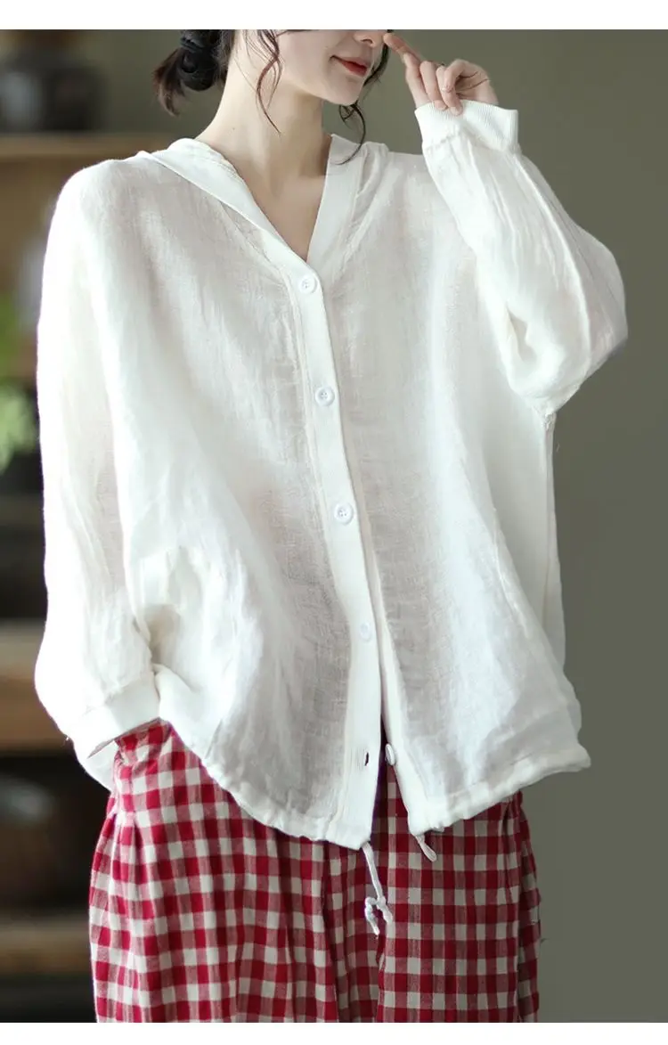 Jacket Spring and Summer Women's Clothing Cotton and Linen Hooded Coat Sun Shirt Linen Cardigan Thin Retro Korean Autumn Cloths