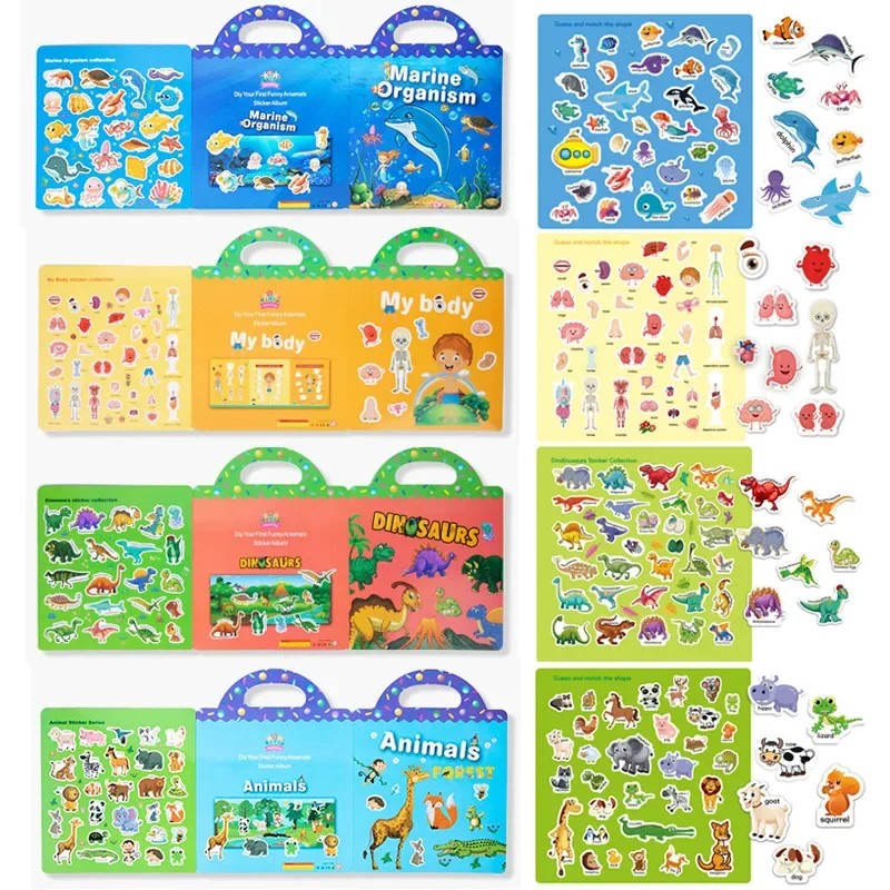 Reusable Cartoon Sticker Book for Kids Multiple Scenos DIY Puzzle Game Educational Learning Classic Toys for Child Age 2-4 Gifts cartoon stickers,sticker book,puzzle stickers