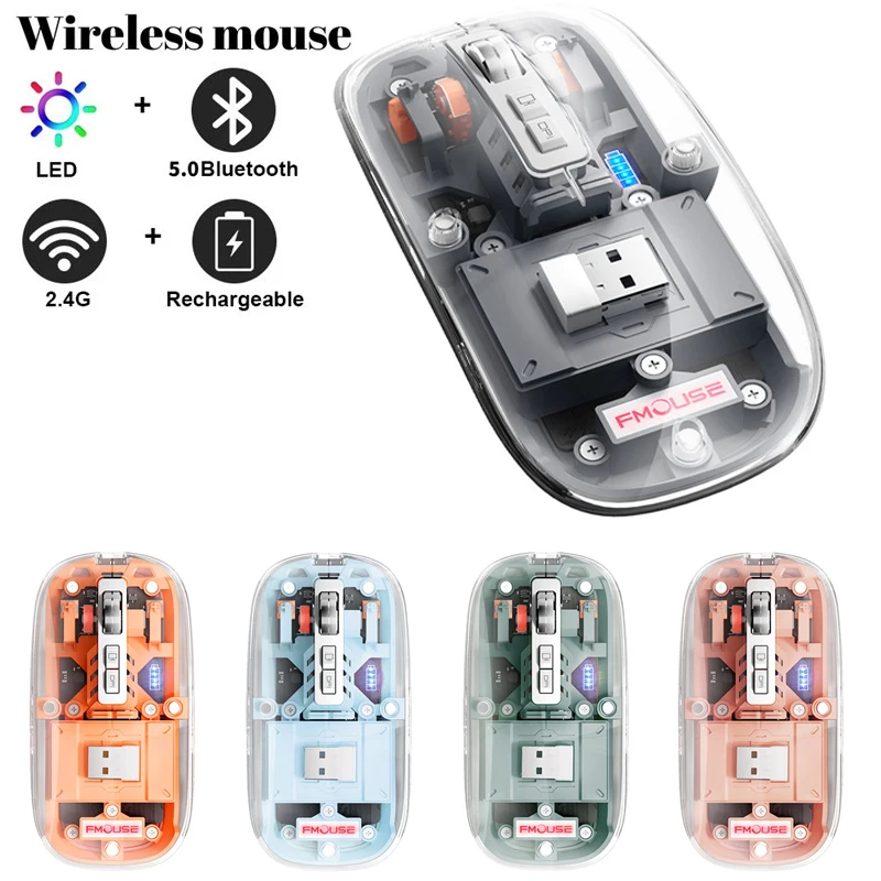 Dobíjecí Bluetooth myš bezdrátový myš průhledná lastura myš s 2.4ghz USB 2400DPI herní bezdrátový myš pro notebook