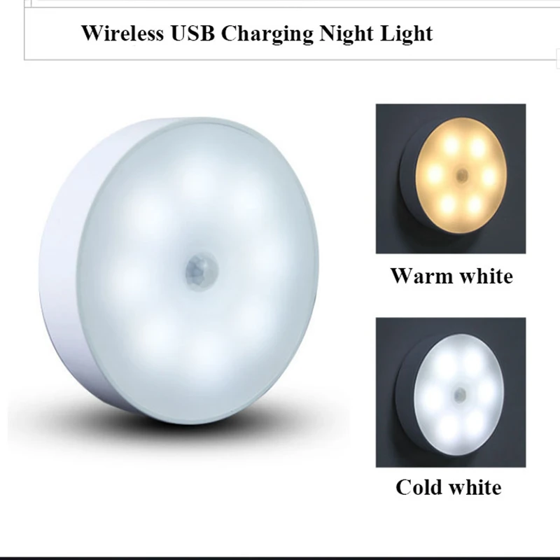 Round Under Cabinet 8 LEDs  Night Light USB Rechargeable Motion Sensor Closet Light Kitchen Bedroom Lighting Wireless Wall Lamp