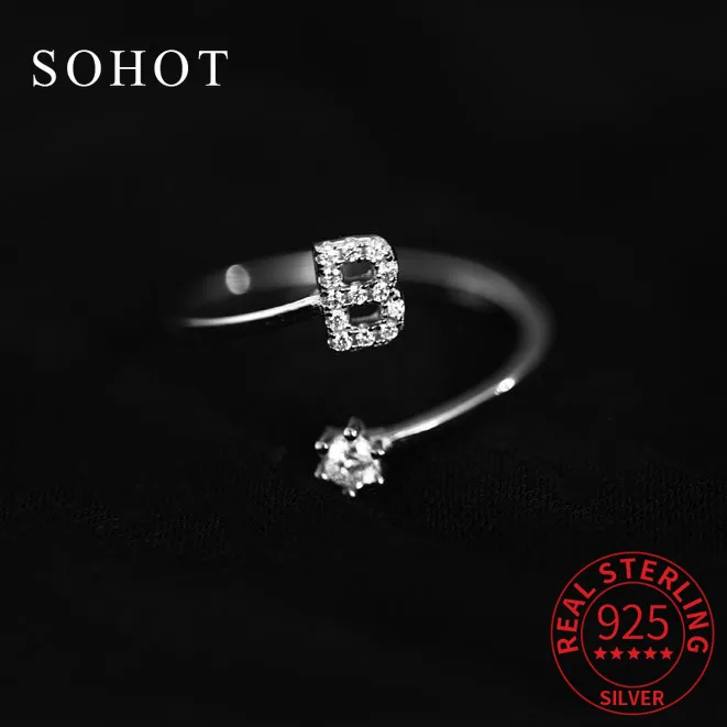Real 925 Sterling Silver Zircon Adjustable Letter B Rings for Women Party Trendy Fine Jewelry Minimalist 26 Letters Accessories