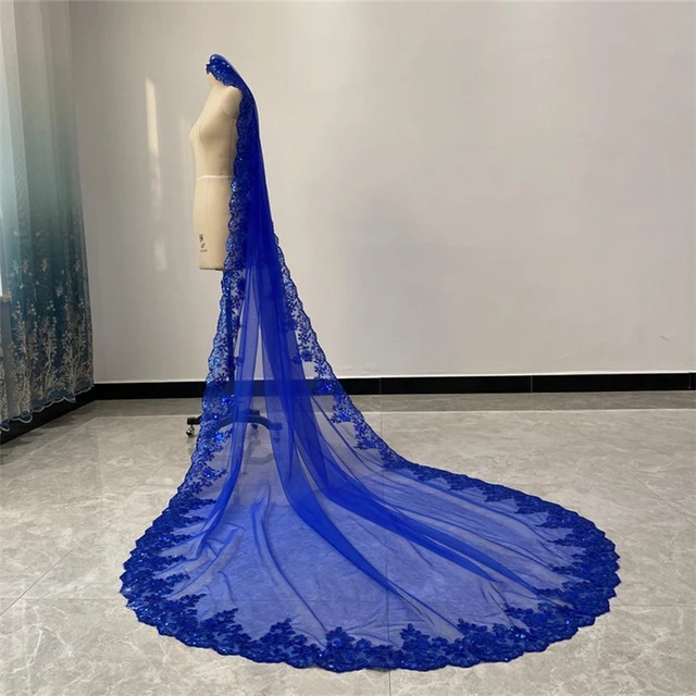 2022 New Royal Blue 3 Meters 3.5M 4M 5M Bling Sequins Lace Long Cathedral  Wedding