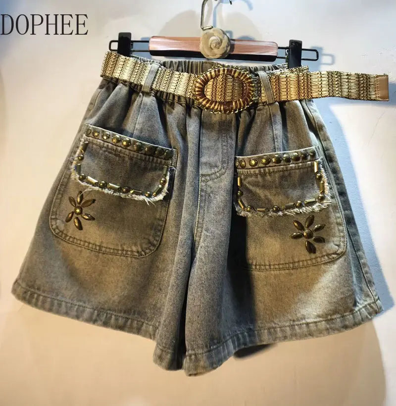 Europe 2023 New Summer Vintage Pockets All-match Beading High Waist Women Denim Shorts Short A-line Loose Wide Leg Jeans Casual