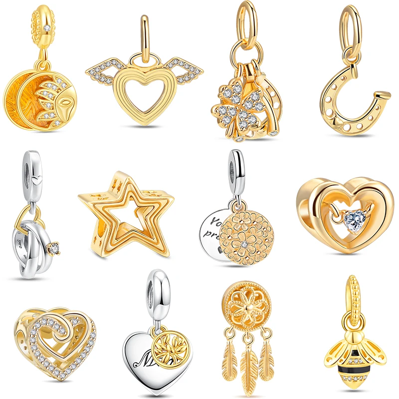 

Charms Amulet Plated Gold Fit Original Pandora Dream Catcher Four Leaf Clover Key Bracelet Sparkling 925 Silver Diy Jewelry