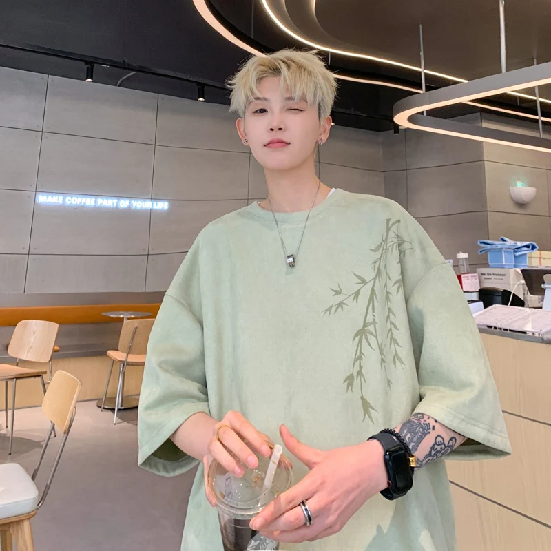 

Футболка мужская замшевая с принтом, Свободный Повседневный Топ, с коротким рукавом, в стиле оверсайз, уличная одежда, 5XL-M