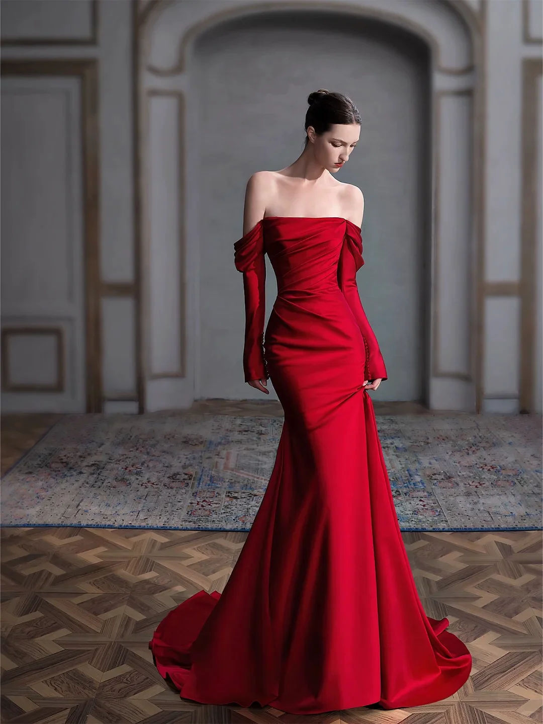 Red Evening Dresses Satin Off The Shoulder Long Sleeves Pleated Mermaid Trailing Wedding Host Party Woman Prom Banquet Dress