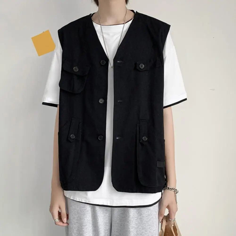 Description Picture 6 of itemOutdoor Cargo Waistcoat Men's Collarless Sleeveless Cargo Waistcoat with Multi Pockets Solid Color Outdoor Vest Coat for Casual