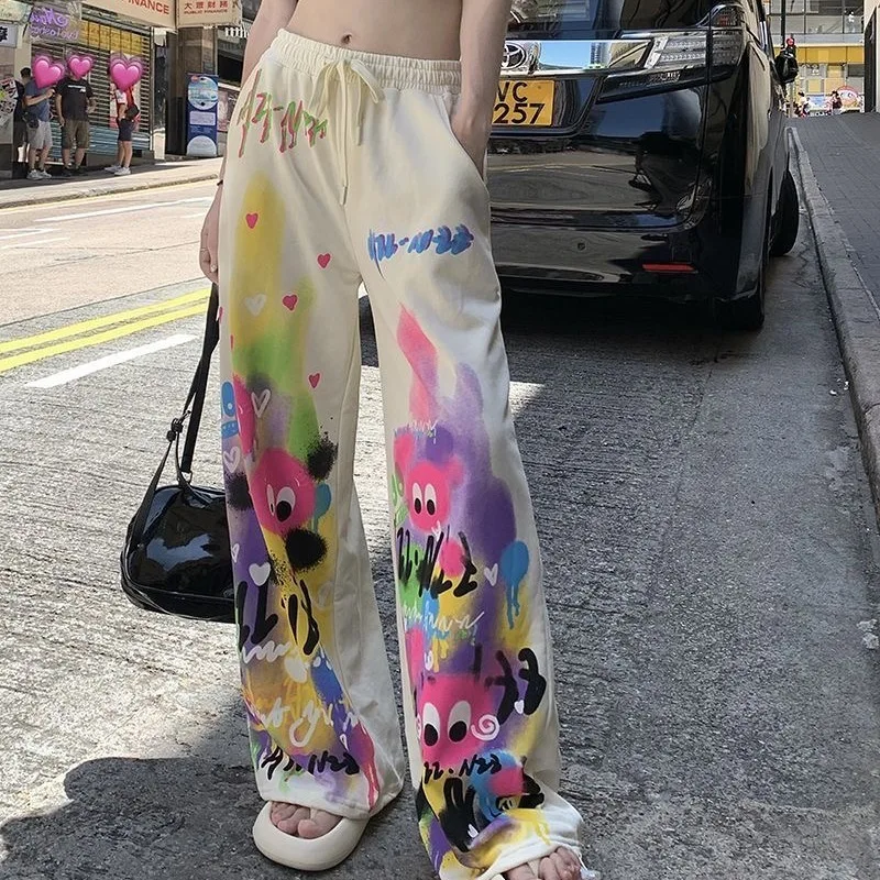 

2024 Summer Fashion High Waisted Lace Up Print Loose and Slimming Street Trend Dopamine Dressing Casual Wide Leg Pants for Women