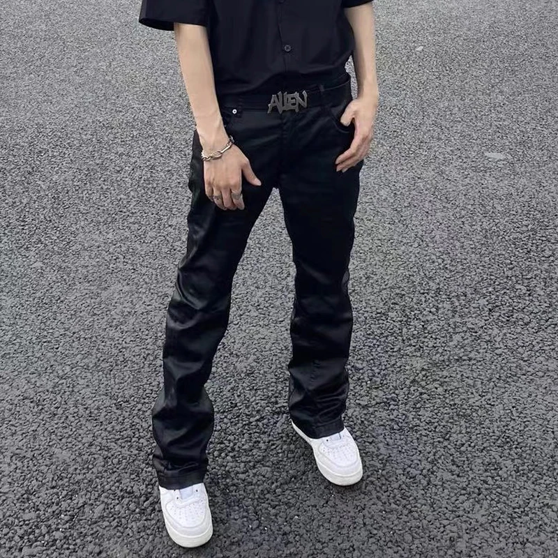 Streetwear Black Wax Pu Leather Pants for Men Straight Pantalones Hombre Baggy Y2k Cargo Trousers Oversized Casual Overalls