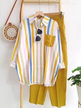 Plus Size Loose Casual Two Piece Sets Women 2025 Fashion Elegant Comfort Striped Long Sleeve Shirts And Long Pants Sportswear 1