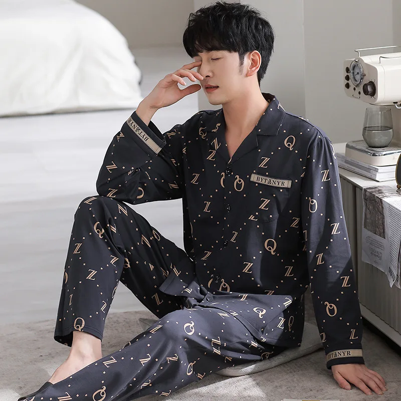 Autumn Winter Men's Cotton Pajamas Fashion Lapel Long Sleeve Cardigan Pants Comfortable Casual Loose Fitting Home Clothing Set