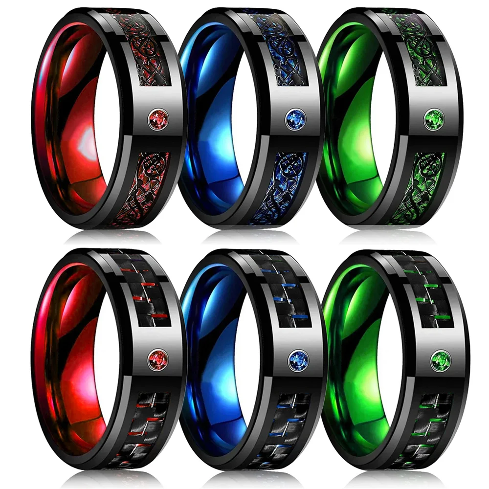Mode Männer Edelstahl Keltischen Drachen Ringe Inlay Rot Blau Grün Carbon Faser Zirkon Ringe Für Männer Hochzeit Band Schmuck Geschenk