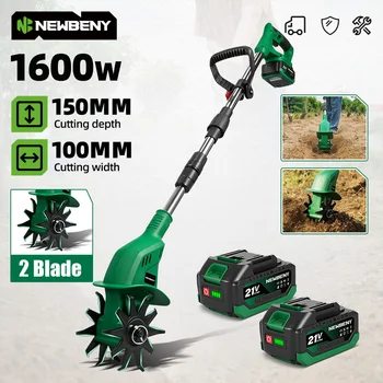 NEWBENY Motozappa Elettrica 1600W, Coltivatore Rotante 150MM, Tagliaerba Portatile, Attrezzo per Aratura del Terreno Compatibile con Batteria Makita