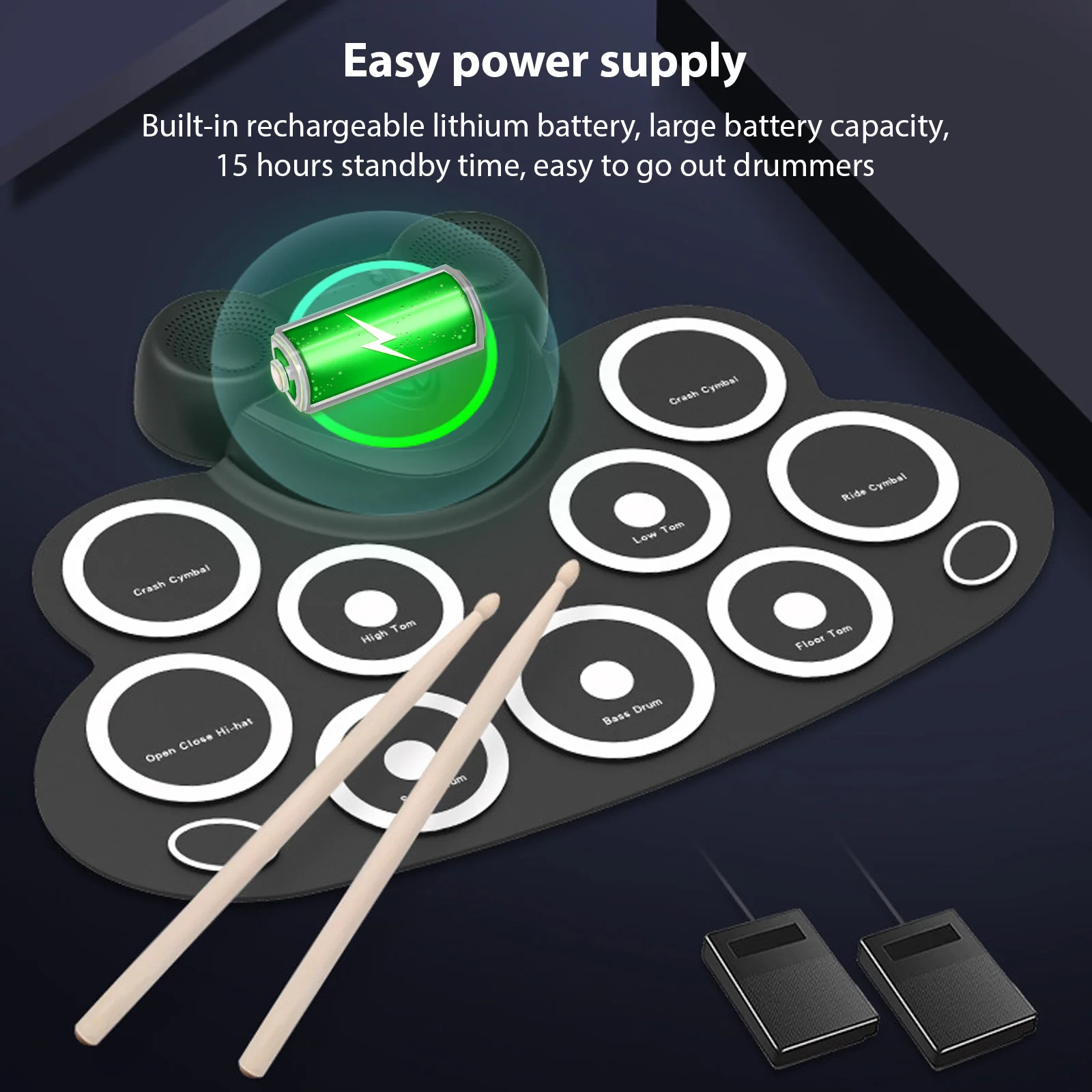 Electronic Drum Set Hand Roll Drum Set with Drumsticks Foot Pedal 9 Pads Dual Speaker Supports Connection MIDI Gaming Pad