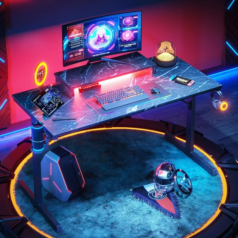 Small Gaming Desk with Monitor Stand, 42 inch LED Computer Desk, Gamer Workstation with Cup Holder & Headset Hooks
