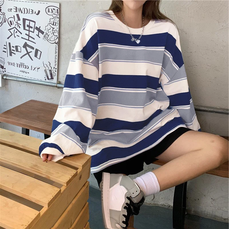 Women s Stylish Long Sleeve Striped Round Neck Pullover Top with Loose Fit and Fashionable Print Design