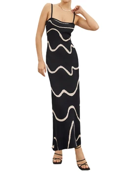 Women's Summer Cami Knit Dress Wavy Print Spaghetti Strap Open Back Party Midi Dress 1