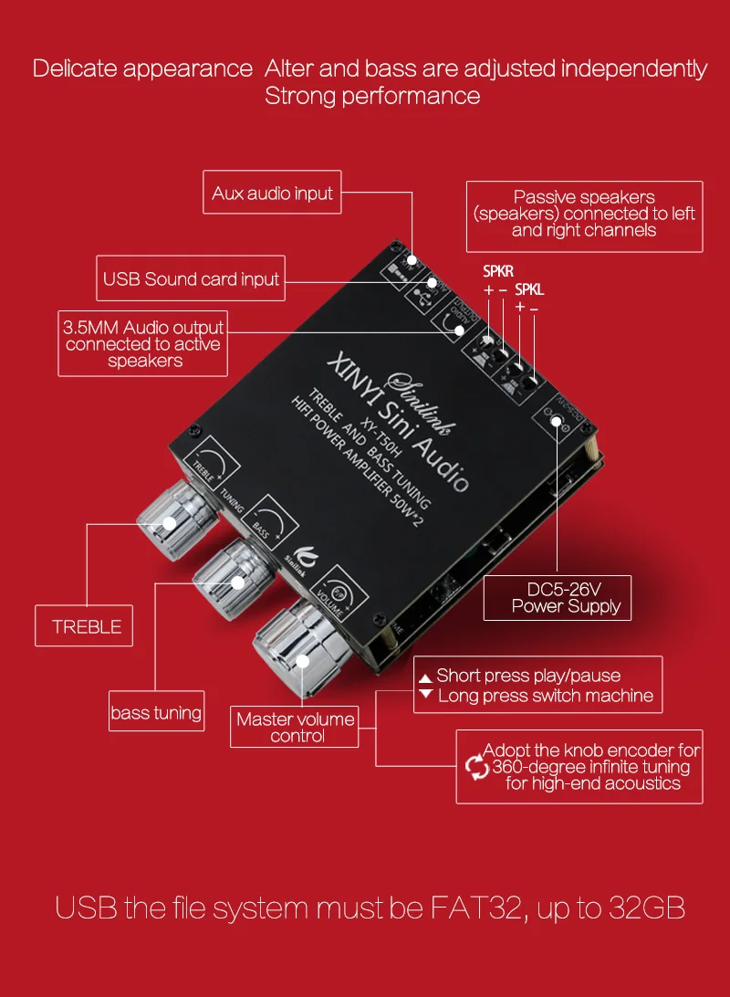 XY-T50H HIFI TPA3116D2 Bluetooth 5.0 Subwoofer Audio Power Amplifier Board 2*50W 2.1 Channel Power Audio Stereo Bass 2 channel amp