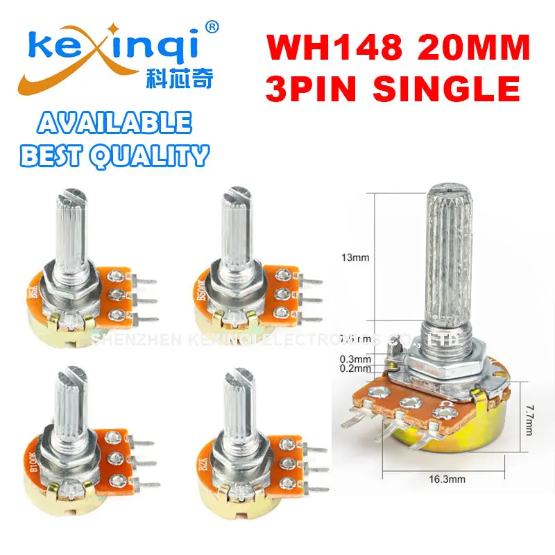 5pcs 3PIN 20mm WH148 single Linear Taper Rotary Potentiometer Resistor for Arduino 1K 2K B5K B10K B20K B50K B100K B250K B500K 1M 50 pcs precision adjustable potentiometer rk097n 097 vertical clubfoot single b1k b5k b10k b20k b50k b100k b250k b1m b500k