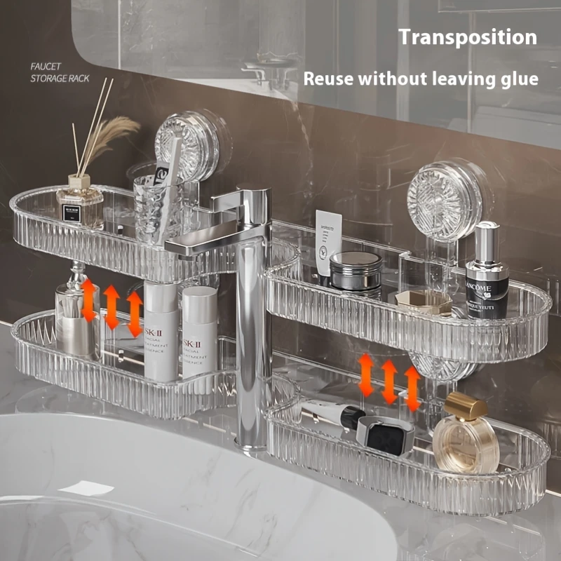 1pc Clear Plastic Suction Cup Bathroom Shelf - No - Drill, Wall - Mounted for Faucet, Toilet & Cosmetic Storage 3