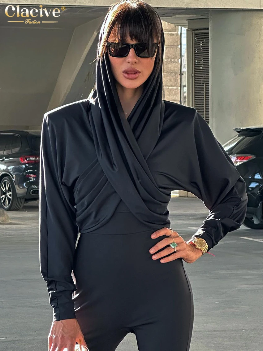Clacive Fashion Black Knitted Women'S Shirt Elegant Slim Hooded Long Sleeve Shirts Streetwear Classic Crop Tops Female Clothing