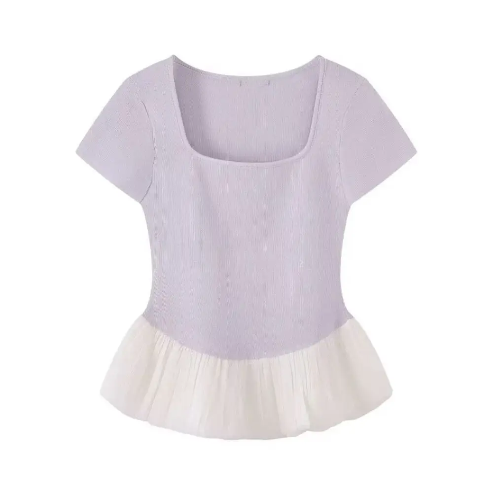 Fashion Short Sleeve Summer Knitted T-Shirt Slim Fit U-neck Sweet Crop Tops Patchwork Korean Style Mesh Ruffle T-Shirt Girls