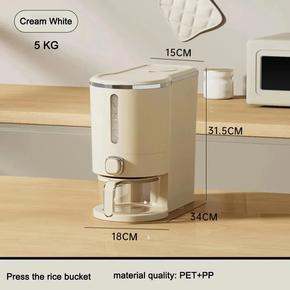 Sealed Rice Bucket One-Button Rice Dispenser Moisture Proof Rice Bucket with Cup Grain Powder Box Storage Food Cereal Container 5