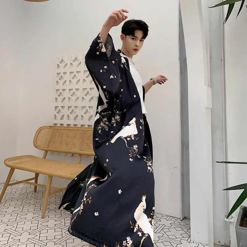 Men Print Japan Fashion Loose Casual Vintage Long Kimono Cardigan Shirt Night-robe Trench Coat Sunscreen Beach Jacket Robe trench coat casual men jacket