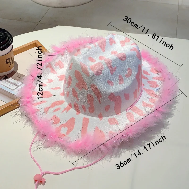 KAMMPT Western Design Pink Cowboy Hat Women Performance Lanyard Fancy Dress Hat Fashion Feather Decor Travelling Outdoor