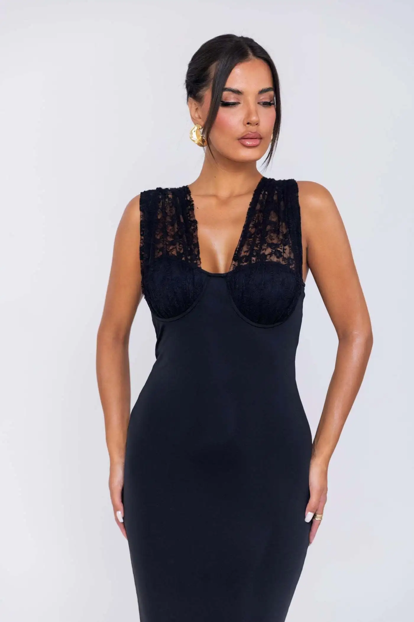 Sexy Hanging Collar Lace Patchwork Deep V Evening Dress Women Elegant Backless Party Club Vestido Autumn/winter New