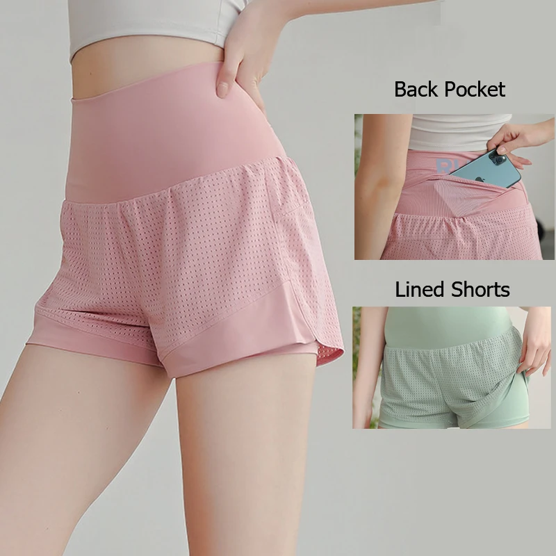 

Women Loose Breathable Fitness Yoga Shorts Solid Color 2 In 1 High Waist Running Shorts Female Quick Dry Gym Sportswear
