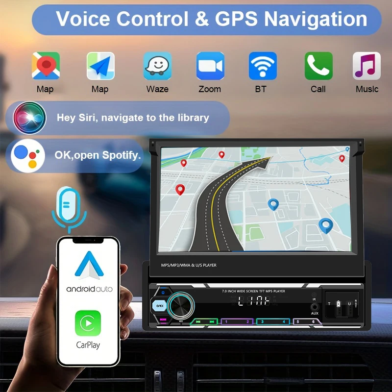 멀티미디어 무선 카플레이, 안드로이드, 자동 GPS, 자동차 오디오, 1 Din 스테레오 리시버, 자동차 라디오 지능형 시스템, 역방향 이미지, 7 인치