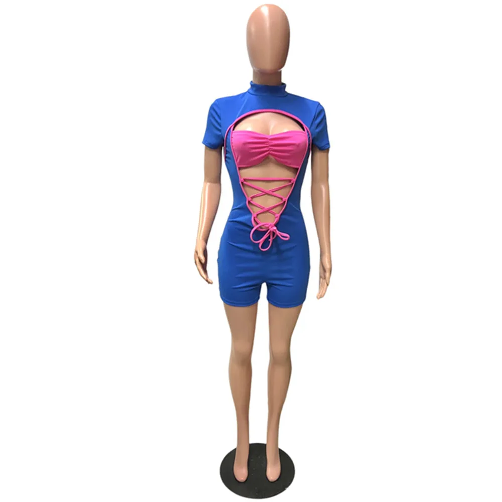 BKLD Women Summer 2023 Outfit Sexy Lace-Up Hollow Out Fahion Patchwork Casual Colorful Contrast One Pieces Rompers Shorts