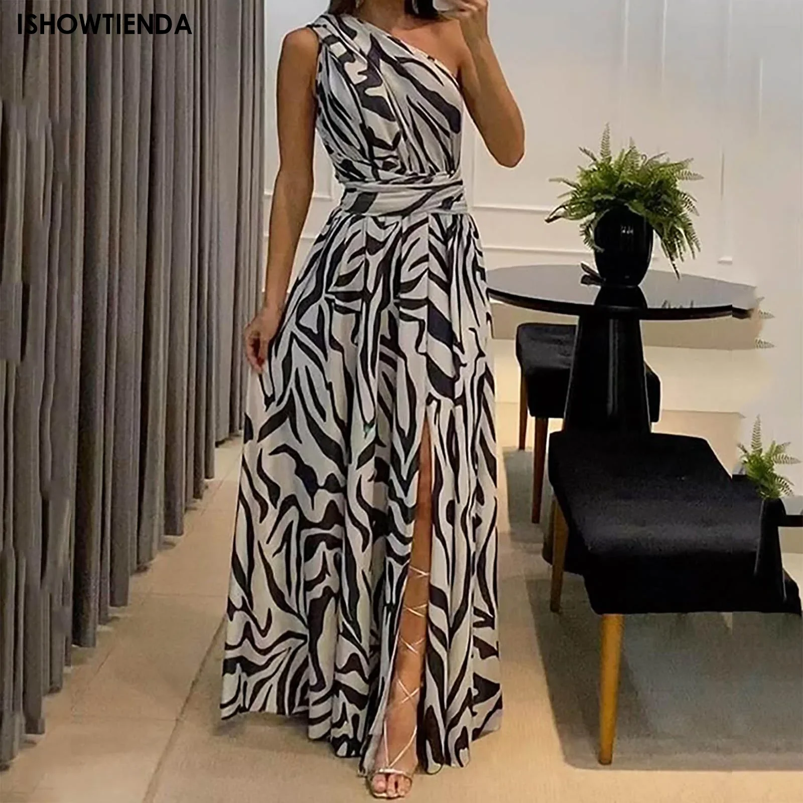 

Leisure Vacation Date Split Dress Women's Sexy Leak Back Dresses Fashion Elegant Temperament Off Shoulder Print Long Dress Daily