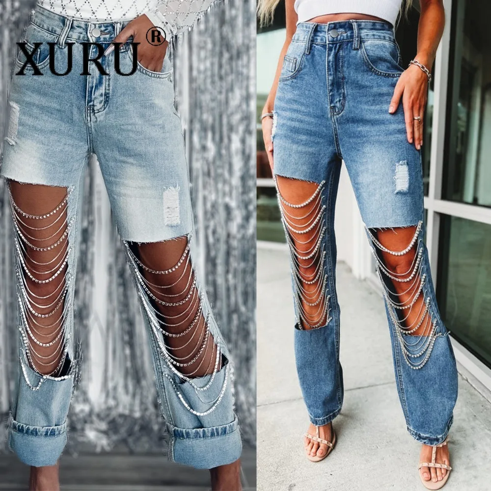 

XURU- New Large Hole Denim Women's Chain Pendant Straight Leg Pants Streetwear