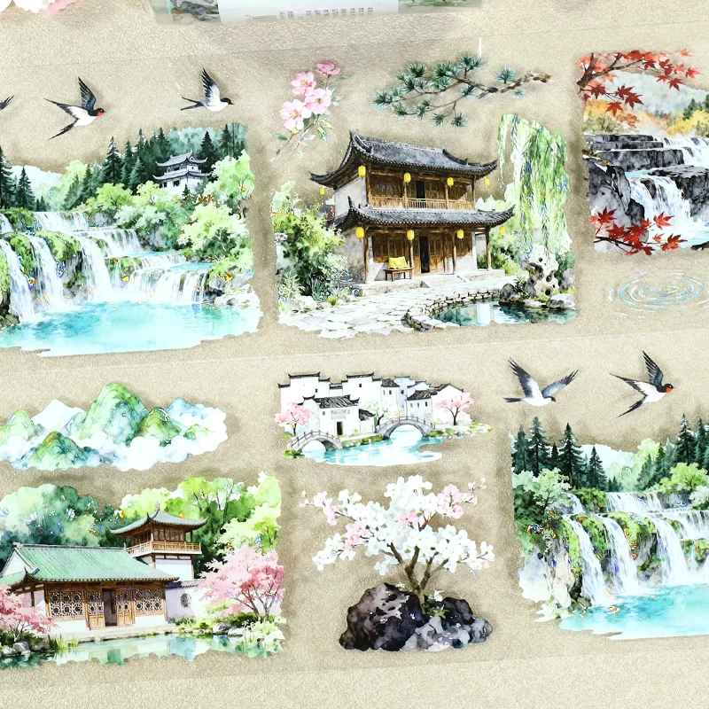 80mm * 200cm 빈티지 마운틴 리버 타워 풍경 PET 테이프 크리 에이 티브 DIY 저널 재료 콜라주 스크랩북 편지지