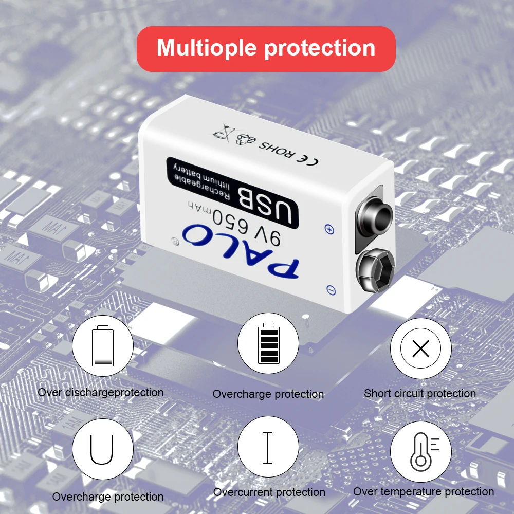 Rechargeable 9V Battery 650mAh Micro USB 9 Volt 6F22 Lithium Crown 9v Batteries for Multimeter KTV Microphone Metal Detector