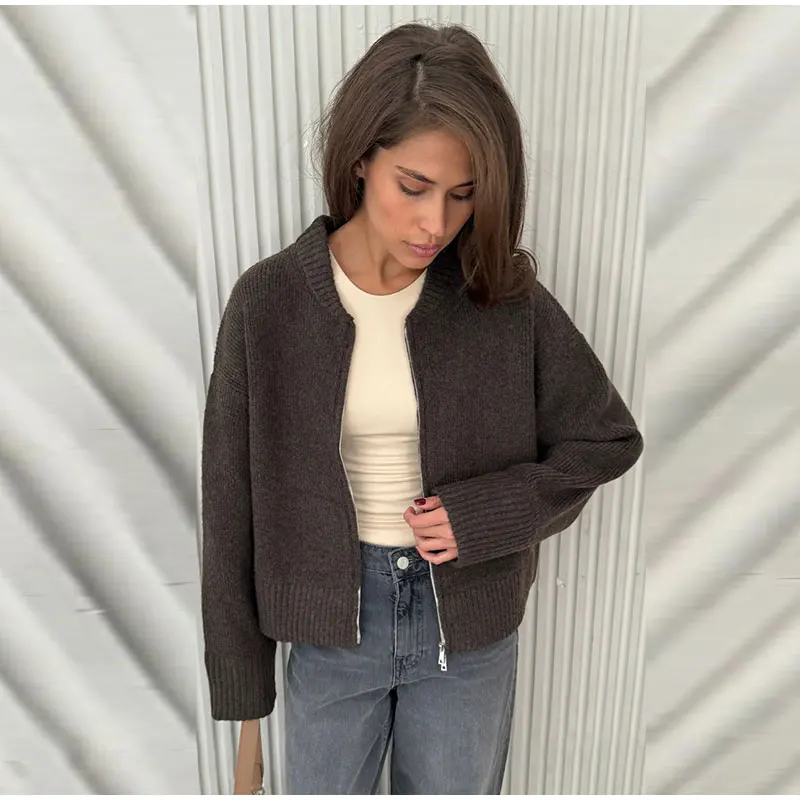 Vintage Knit Zipper Cardigan For Women Solid Loose O Neck Long Sleeve Sweater Top Female Fall Winter All-matching Knitwear