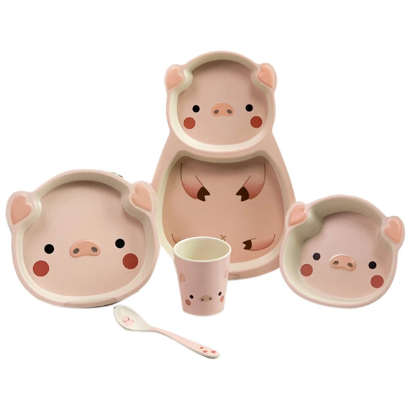 bamboo-fiber-children's-tableware-children's-plate-set-pig-shaped-plate-baby-bowl-cartoon-anti-falling-bowl