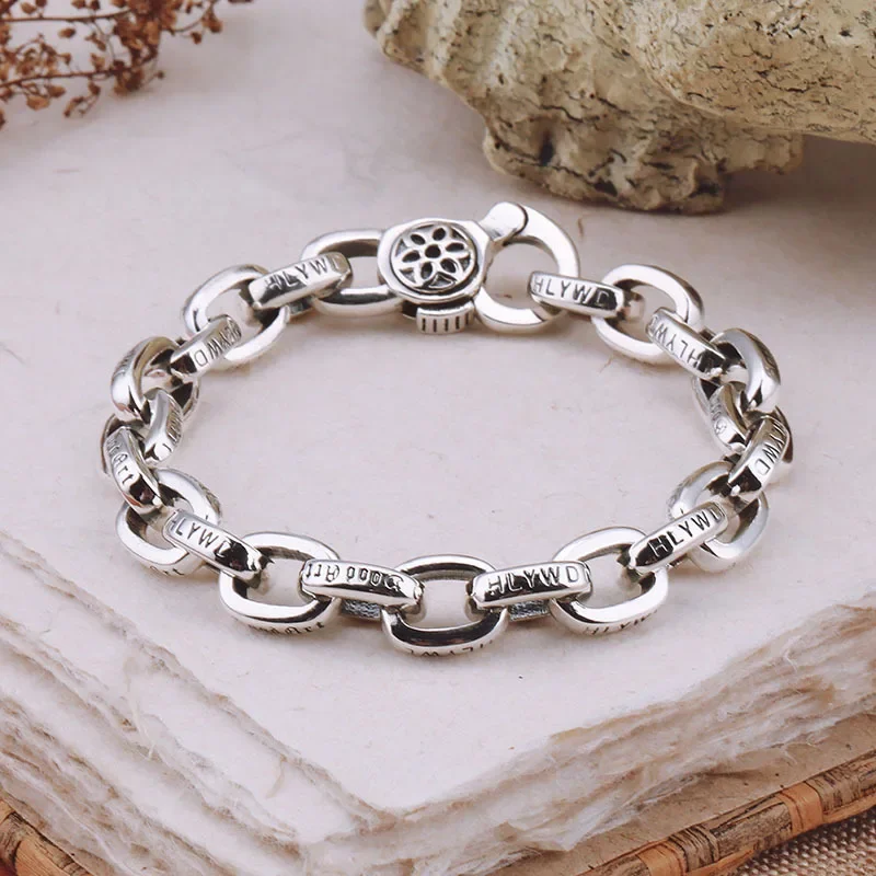 

UMQ S925 Sterling Silver 8MM Cherry Blossom Chain Bracelet Men's Thick Trend Punk Simple Creative Thai Silver Jewelry Gift