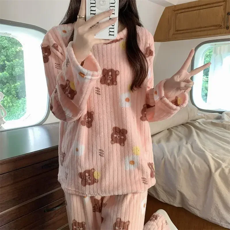 Women Velvet Pajama Set Fleecing Warm Loose Top And Elastic Waist Pants Home Casual Warm Woolen Suit Autumn Winter cotton pajama set