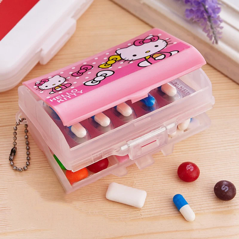 Kawaii Hello Kitty Pill Box Anime Kt Cat Portable Mini Medicine Storage