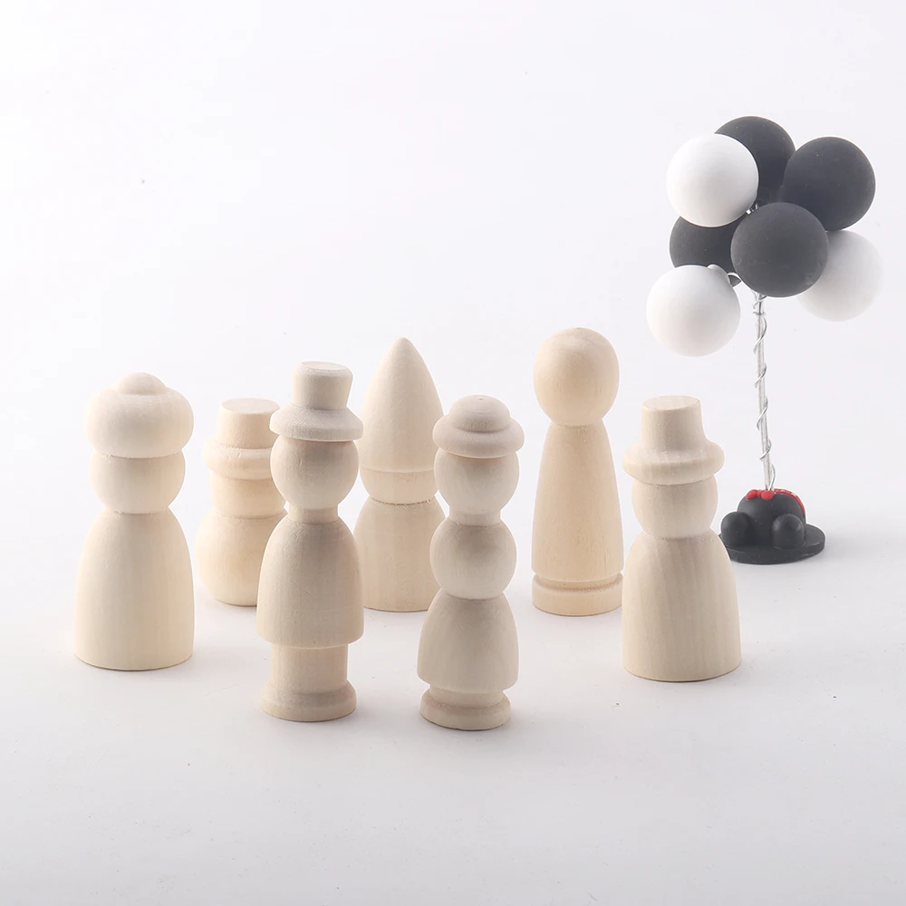 7pcs 자연 색상 미완성 된 나무 말뚝 인형 Diy 수제 재료 멀티 모양의 예술 페인트 홈 파티 장식 액세서리