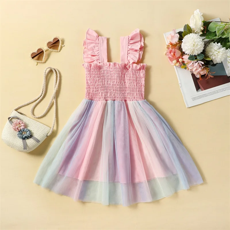 

Listenwind 1-6Y Toddler Kids Girls Summer Casual Princess Dress Ruched Fly Sleeve Gradient Layered Mesh Tulle Dress