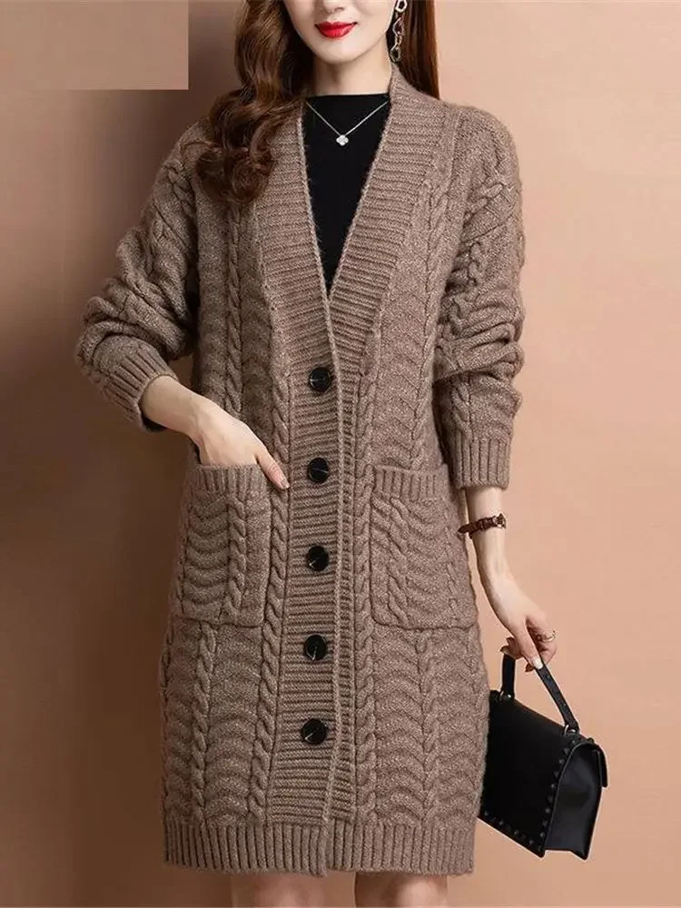 

2022 Korean New Women Autumn Long Sleeve Loose Fashion V Neck Elegant Knitted Sweater Cardigans Basic Causal Coat Tops E24