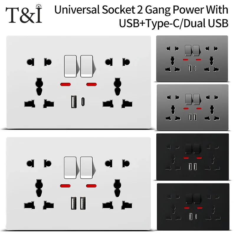 เต้ารับติดผนังอเนกประสงค์พร้อม USB-C และเครื่องชาร์จ USB, ปลั๊กไฟ 2 แก๊งพร้อมสวิตช์, ฟลัชเมาท์ AC 110–250V สําหรับใช้ในบ้านสํานักงาน 1