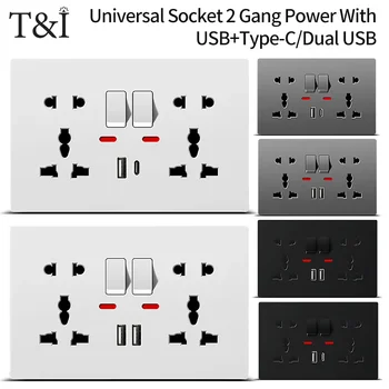 เต้ารับติดผนังอเนกประสงค์พร้อม USB-C และเครื่องชาร์จ USB, ปลั๊กไฟ 2 แก๊งพร้อมสวิตช์, ฟลัชเมาท์ AC 110–250V สําหรับใช้ในบ้านสํานักงาน 1