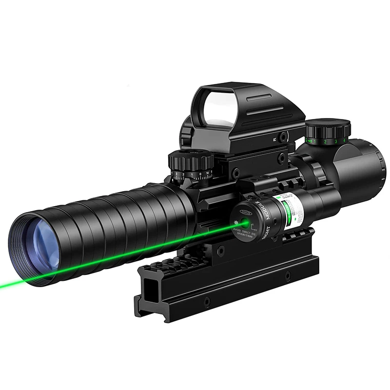 

Riflescope Scope Combo 3-9x32 Set 4 Holographic Reticle Green Dot Sight IIIA/2MW Laser 20mm Mount Dual Illuminated Huntin